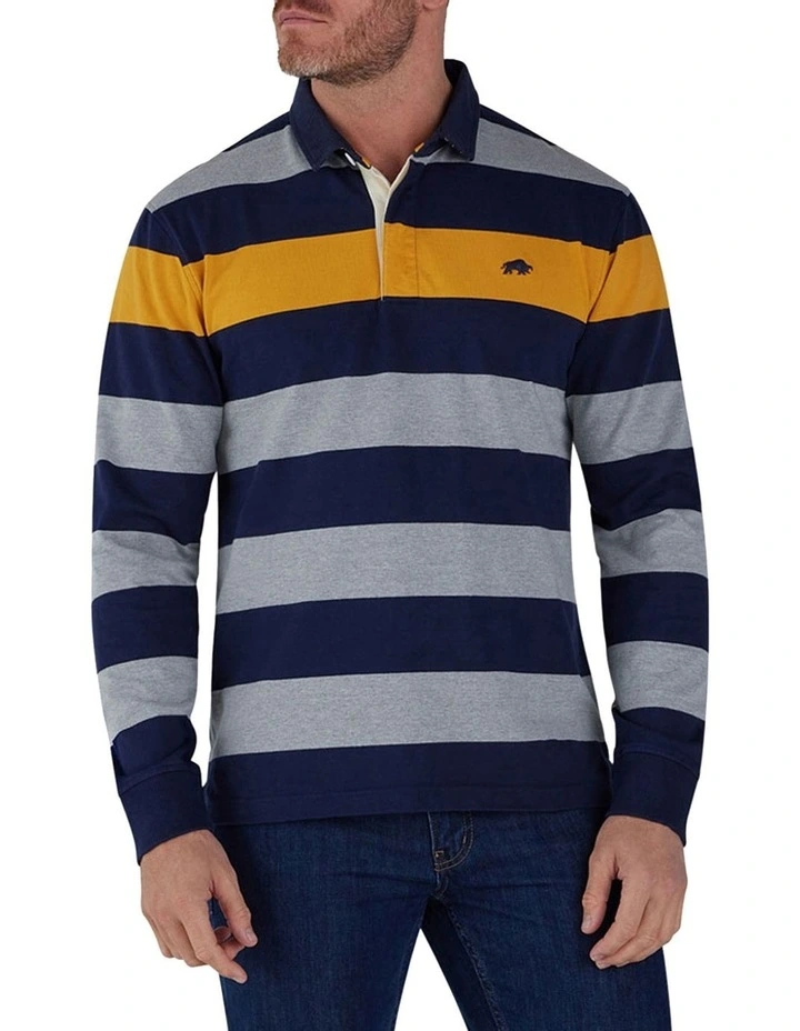 Raging Bull Irregular Stripe Long Sleeve Rugby Polo In Grey