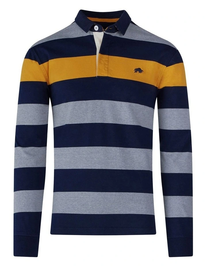 Raging Bull Irregular Stripe Long Sleeve Rugby Polo In Grey - Image 3