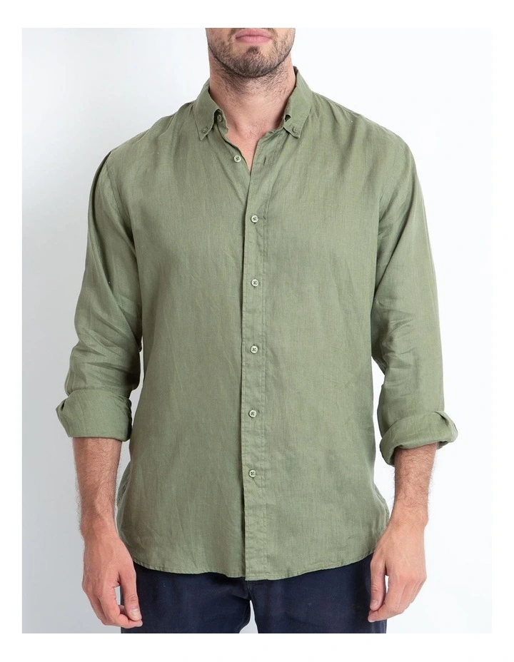 DESTii Long Sleeve Linen Shirt In Khaki - Image 3