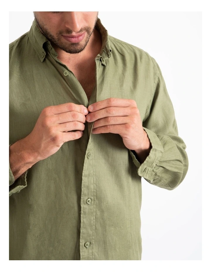 DESTii Long Sleeve Linen Shirt In Khaki - Image 4