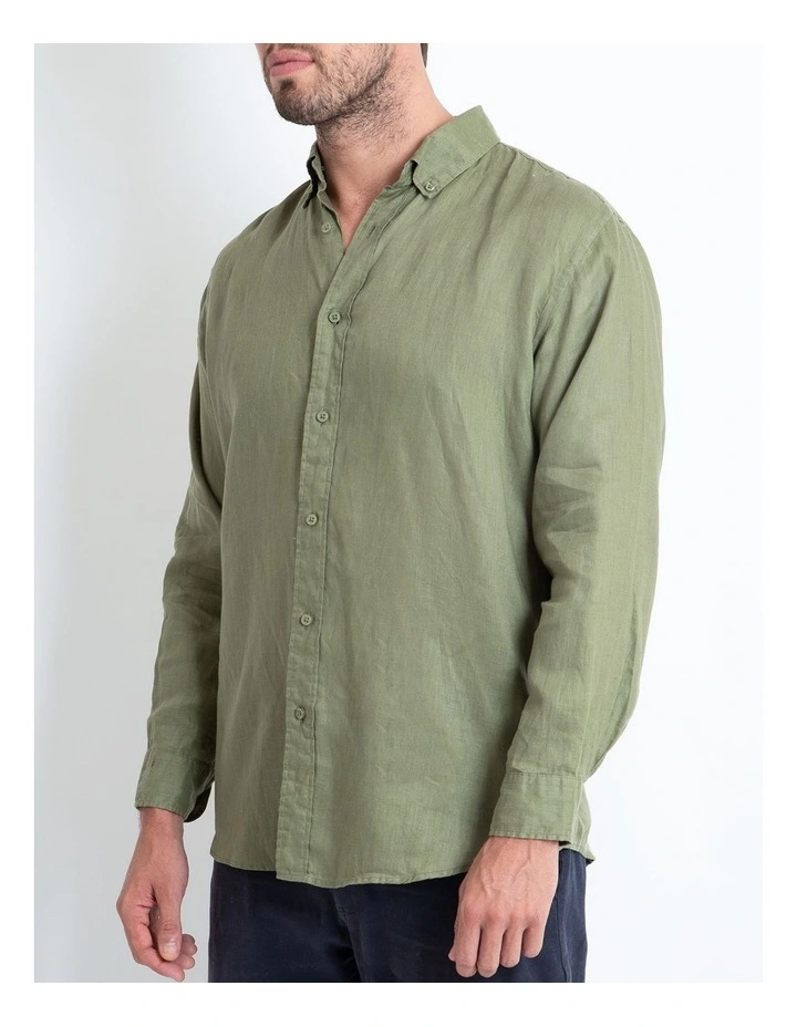 DESTii Long Sleeve Linen Shirt In Khaki - Image 5