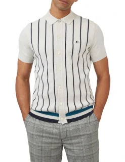 Ben Sherman Stripe Button Through Polo In Ivory