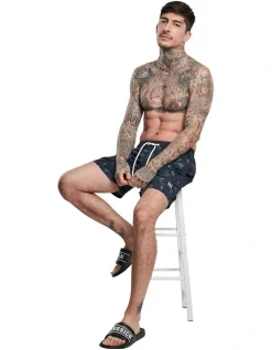 URBAN CLASSICS Island Pattern Swim Shorts In Navy