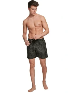 URBAN CLASSICS Palm Pattern Swim Shorts In Olive