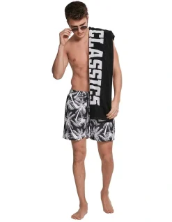 URBAN CLASSICS Palm Pattern Swim Shorts In Black
