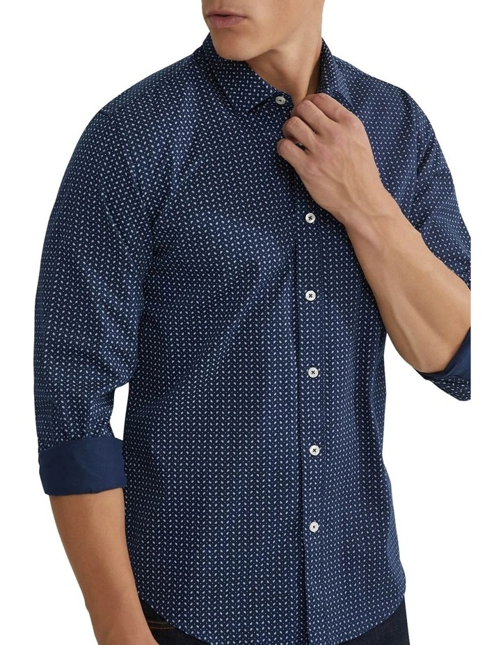 Oxford Kenton Printed Cotton Shirt In Navy - Image 4