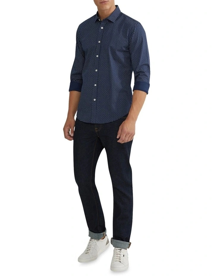 Oxford Kenton Printed Cotton Shirt In Navy - Image 5